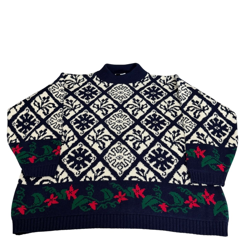 Sweater Exchange Vintage 90s Navy Nordic Poinsettia Mock Neck Sweater Large USA